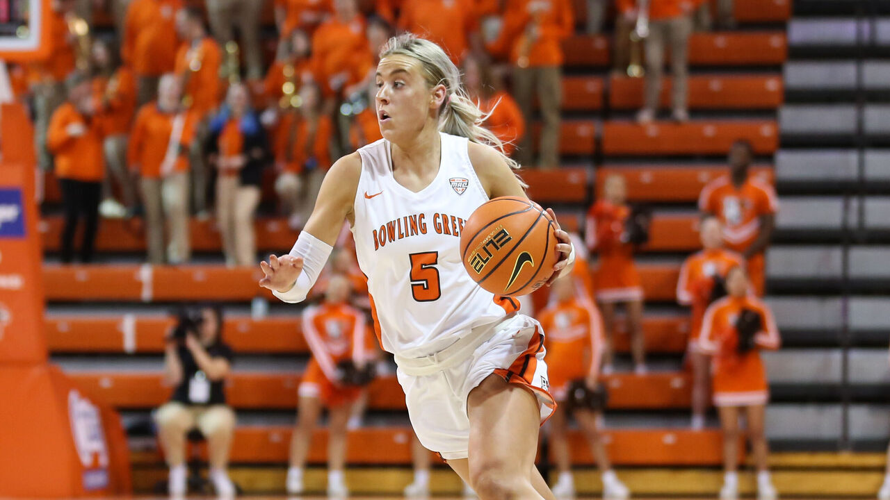 BOWLING GREEN, OH - FEBRUARY 15: Bowling Green Falcons guard Elissa Brett (5) brings the ball up the court during the third quarter of a Mid-American Conference regular season college womens basketball game between the Northern Illinois Huskies and the Bowling Green Falcons on February 15, 2023 at the Stroh Center in Bowling Green, Ohio.