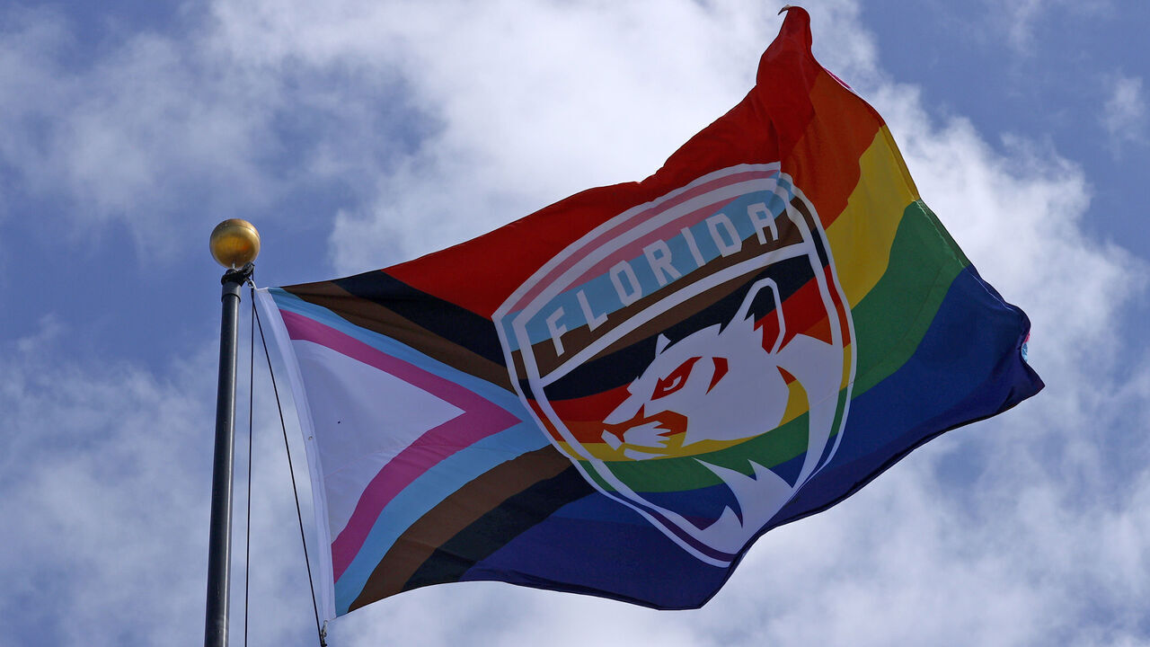 SUNRISE, FLORIDA - MARCH 23: The Florida Panthers fly their Pride flag during Pride Night prior to hosting the Toronto Maple Leafs at the FLA Live Arena on March 23, 2023 in Sunrise, Florida.
