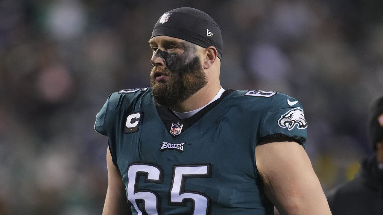 PHILADELPHIA, PA - JANUARY 21: Lane Johnson #65 of the Philadelphia Eagles walks to the locker room against the New York Giants during the NFC Divisional Playoff game at Lincoln Financial Field on January 21, 2023 in Philadelphia, Pennsylvania.