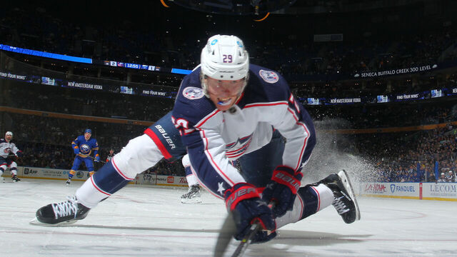 BUFFALO, NY - FEBRUARY 28: Patrik Laine #29 of the Columbus Blue Jackets plays the puck along the boards during an NHL game against the Buffalo Sabres on February 28, 2023 at KeyBank Center in Buffalo, New York.