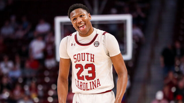 COLUMBIA, SC - FEBRUARY 22: Gregory Jackson II (23) of the South Carolina Gamecocks smiles after making a basket during a basketball game against the Alabama Crimson Tide on February 22, 2023 at Colonial Life Arena in Columbia, SC.