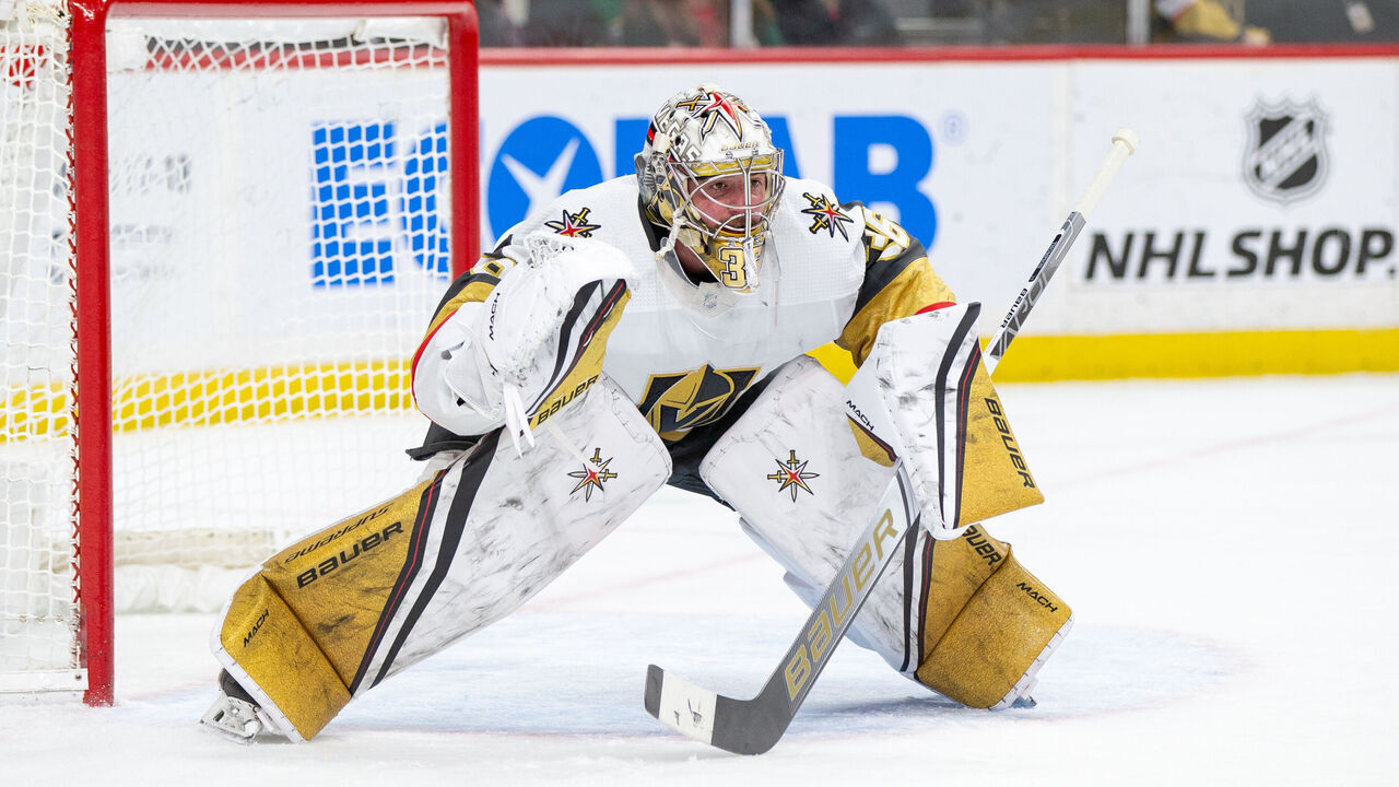 SAINT PAUL, MN - FEBRUARY 09: Vegas Golden Knights goaltender Logan Thompson (36) focuses on the play during the NHL game between the Vegas Golden Knights and the Minnesota Wild, on February 9th, 2023, at the Xcel Energy Center in Saint Paul, MN.