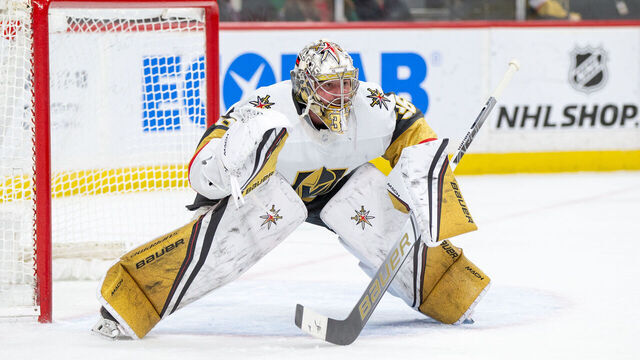 SAINT PAUL, MN - FEBRUARY 09: Vegas Golden Knights goaltender Logan Thompson (36) focuses on the play during the NHL game between the Vegas Golden Knights and the Minnesota Wild, on February 9th, 2023, at the Xcel Energy Center in Saint Paul, MN.