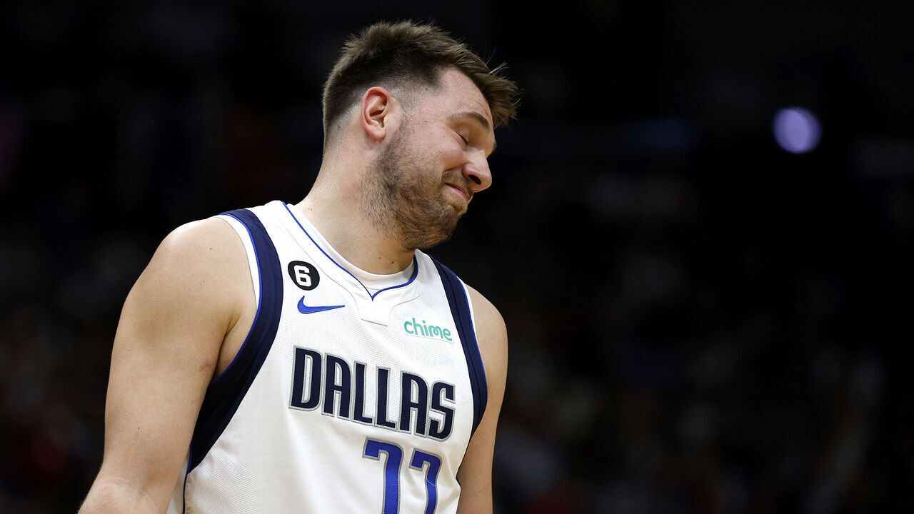 NEW ORLEANS, LOUISIANA - MARCH 08: Luka Doncic #77 of the Dallas Mavericks reacts to a call during the first quarter of an NBA game against the New Orleans Pelicans at Smoothie King Center on March 08, 2023 in New Orleans, Louisiana.