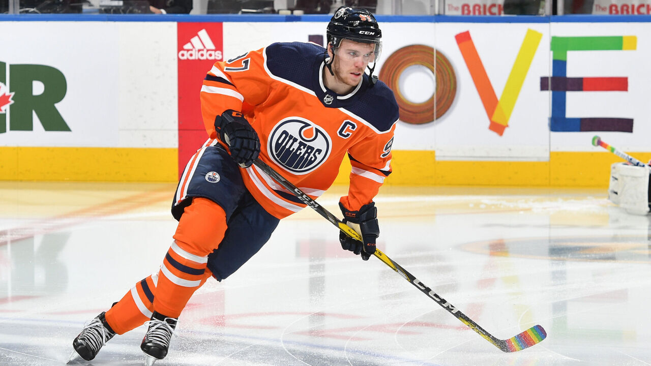 EDMONTON, AB - FEBRUARY 22: Connor McDavid #97 of the Edmonton Oilers warms up with a stick wrapped in pride tape prior to the game against the Colorado Avalanche on February 22, 2018 at Rogers Place in Edmonton, Alberta, Canada.