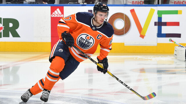 EDMONTON, AB - FEBRUARY 22: Connor McDavid #97 of the Edmonton Oilers warms up with a stick wrapped in pride tape prior to the game against the Colorado Avalanche on February 22, 2018 at Rogers Place in Edmonton, Alberta, Canada.