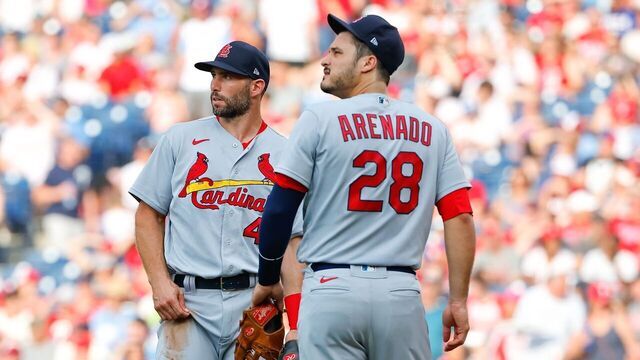 PHILADELPHIA, PA - JULY 01: St. Louis Cardinals first baseman Paul Goldschmidt (46) and St. Louis Cardinals third baseman Nolan Arenado (28) during the Major League Baseball game between the Philadelphia Phillies and the St. Louis Cardinals on July 1, 2022 at Citizens Bank Park in Philadelphia, Pennsylvania.