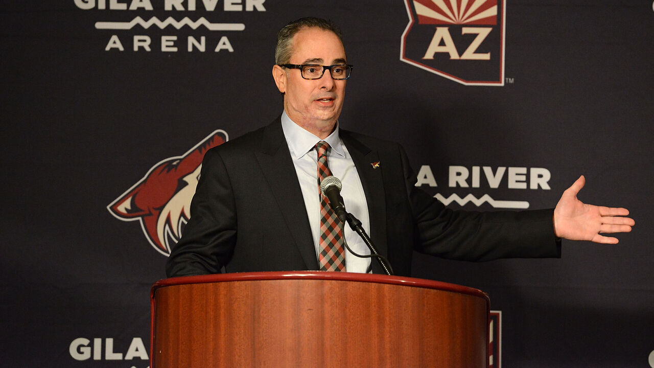 GLENDALE, AZ - JANUARY 03: Owner, Chairman and Governor Andrew Barroway of the Arizona Coyotes speaks to the press prior to a game between the Arizona Coyotes against the Columbus Blue Jackets at Gila River Arena on January 3, 2015 in Glendale, Arizona.