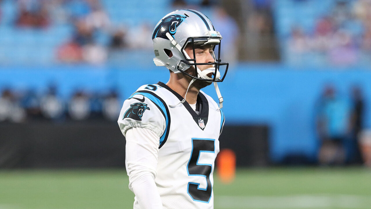 CHARLOTTE, NC - AUGUST 26: Carolina Panthers kicker Zane Gonzalez (5) during a NFL preseason football game between the Buffalo Bills and the Carolina Panthers on August 26, 2022 at Bank of America Stadium in Charlotte, N.C.