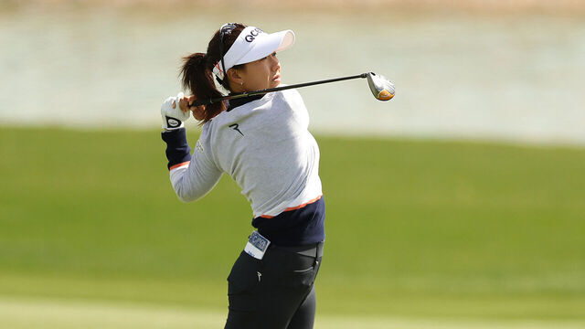 APACHE JUNCTION, ARIZONA - MARCH 24: Jenny Shin of Korea plays her shot on the 18th hole during the second round of the LPGA Drive On Championship at Superstition Mountain Golf and Country Club on March 24, 2023 in Apache Junction, Arizona.