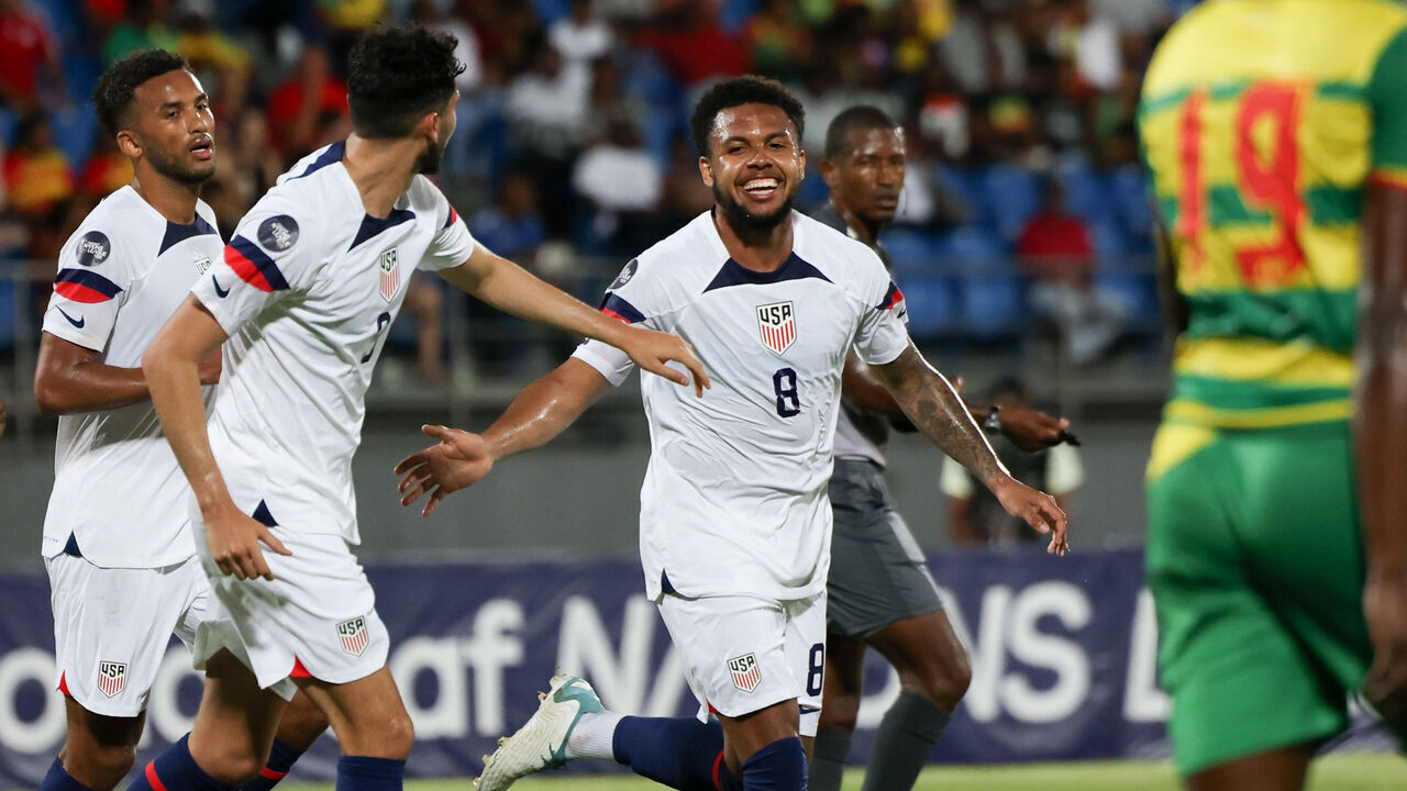 SAINT GEORGES, GRENADA - MARCH 24: Weston McKennie #8 of the United States celebrates his goal during a Concacaf Nations League game between Grenada and USMNT at Kirani James Athletic Stadium on March 24, 2023 in Saint Georges, Grenada.