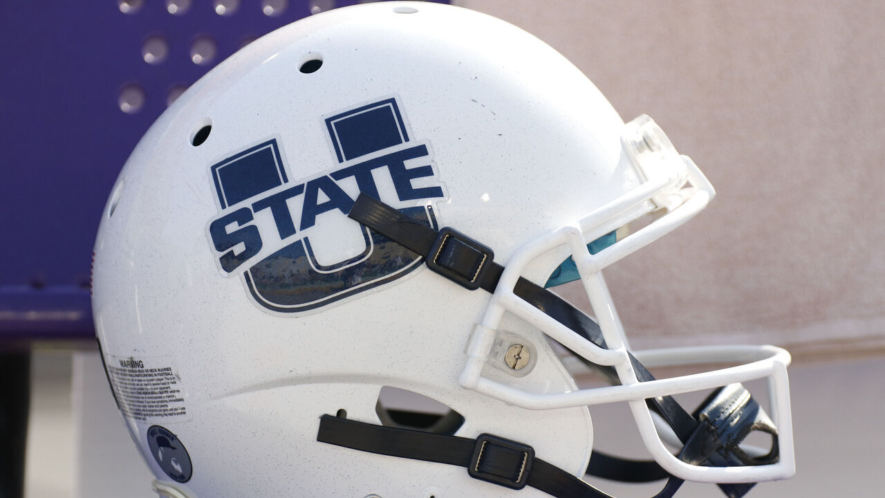 BATON ROUGE, LA - OCTOBER 05: A Utah State Aggies helmet before the game between the LSU Tigers and Utah State Aggies at LSU Tiger Stadium on October 5, 2019 in Baton Rouge, LA.