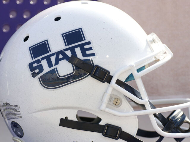 BATON ROUGE, LA - OCTOBER 05: A Utah State Aggies helmet before the game between the LSU Tigers and Utah State Aggies at LSU Tiger Stadium on October 5, 2019 in Baton Rouge, LA.