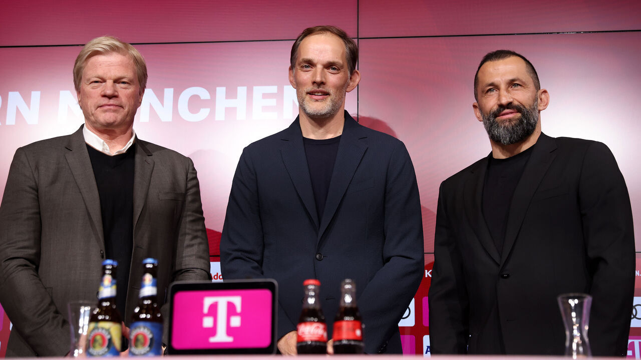 MUNICH, GERMANY - MARCH 25: Oliver Kahn CEO of FC Bayern Munich and newly signed head coach Thomas Tuchel of Bayern Munich and Hasan Salihamidzic Sporting Director Bayern Munich speak to the media during a press conference to announce the new signing of a head coach at Allianz Arena on March 25, 2023 in Munich, Germany.