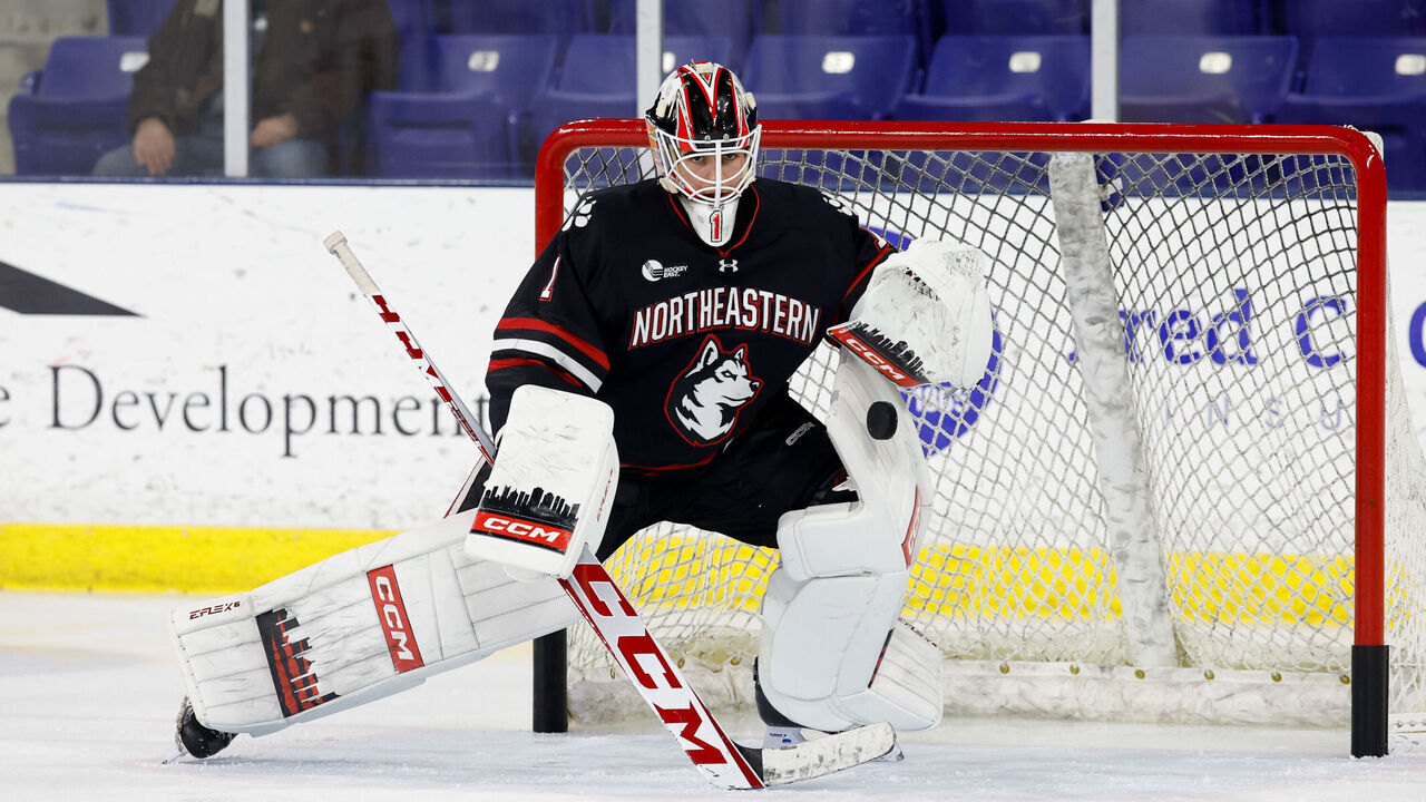 LOWELL, MA - MARCH 3: Devon Levi #1 of the Northeastern Huskies tends goal against the UMass Lowell River Hawks during NCAA men's hockey at the Tsongas Center on March 3, 2023 in Lowell, Massachusetts. The River Hawks won 3-1.