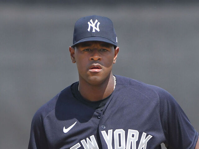 LAKELAND, FL - MARCH 10: Luis Severino #40 of the New York Yankees looks on while pitching during the Spring Training game against the Detroit Tigers at Publix Field at Joker Marchant Stadium on March 10, 2023 in Lakeland, Florida. The Yankees defeated the Tigers 4-3.