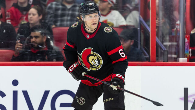 OTTAWA, ON - MARCH 23: Ottawa Senators Defenceman Jakob Chychrun (6) before a face-off during second period National Hockey League action between the Tampa Bay Lightning and Ottawa Senators on March 23, 2023, at Canadian Tire Centre in Ottawa, ON, Canada.