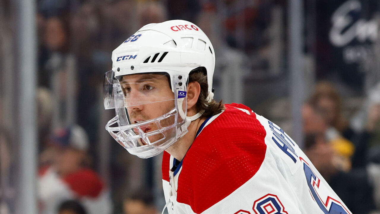 BOSTON, MA - MARCH 23: Mike Hoffman #68 of the Montreal Canadiens skates against the Boston Bruins with a newly attached face shield due to a crosscheck to the face earlier in the game at the TD Garden on March 23, 2023 in Boston, Massachusetts. The Bruins won 4-2.