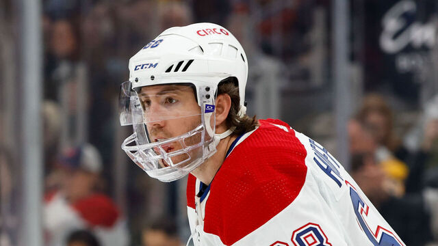 BOSTON, MA - MARCH 23: Mike Hoffman #68 of the Montreal Canadiens skates against the Boston Bruins with a newly attached face shield due to a crosscheck to the face earlier in the game at the TD Garden on March 23, 2023 in Boston, Massachusetts. The Bruins won 4-2.