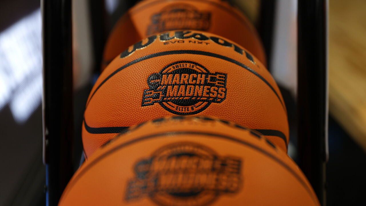 SEATTLE, WASHINGTON - MARCH 22: A detail of March Madness Sweet 16 and Elite 8 logos a basketball is seen before the Women's NCAA Basketball Tournament at Climate Pledge Arena on March 22, 2023 in Seattle, Washington.
