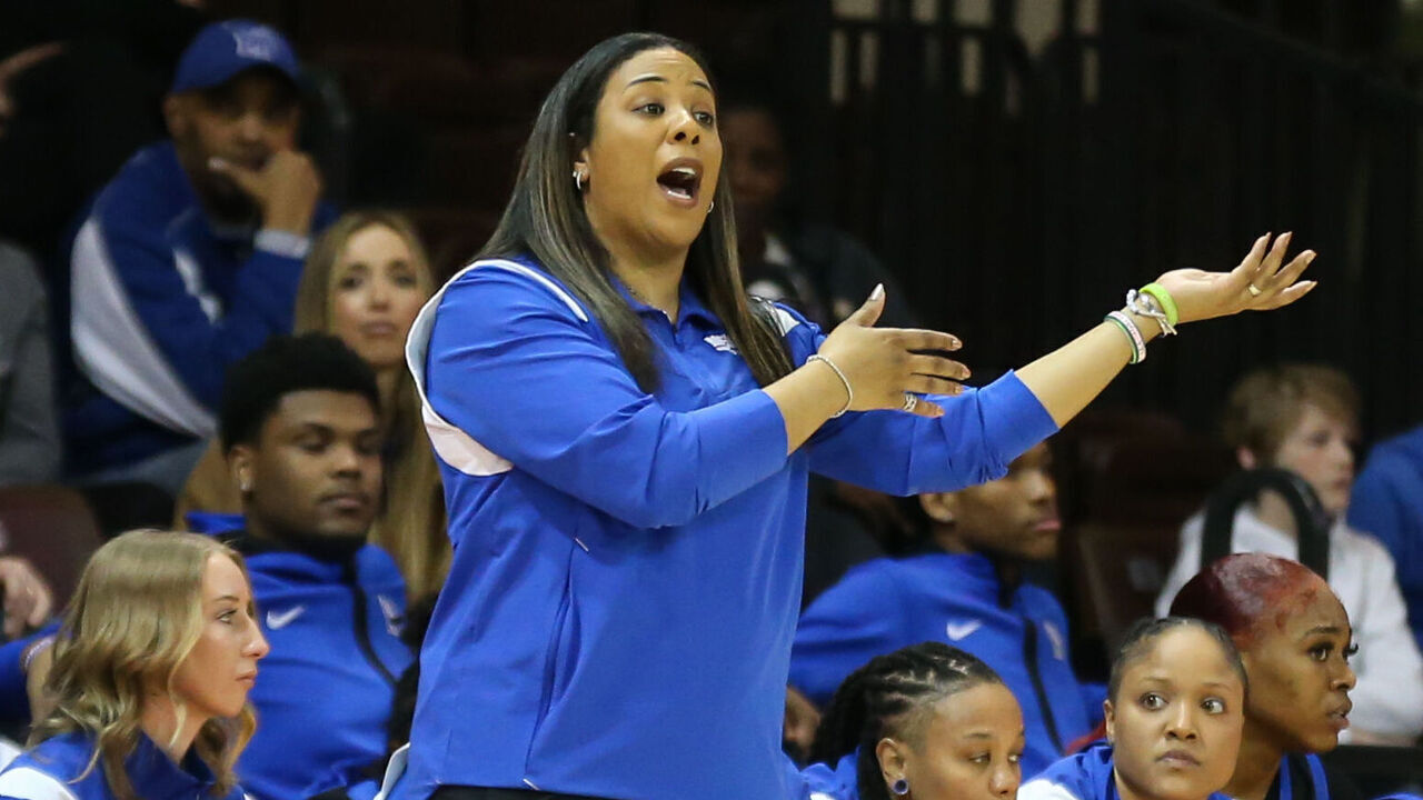 BOWLING GREEN, OH - MARCH 23: Memphis Tigers head coach Katrina Merriweather gives instructions to her team during a third round college womens basketball game of the Womens National Invitational Tournament between the Memphis Tigers and the Bowling Green Flacons on March 23, 2023 at the Stroh Center in Bowling Green, Ohio.