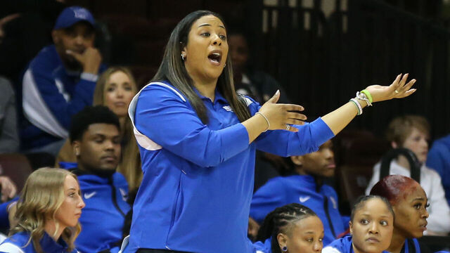 BOWLING GREEN, OH - MARCH 23: Memphis Tigers head coach Katrina Merriweather gives instructions to her team during a third round college womens basketball game of the Womens National Invitational Tournament between the Memphis Tigers and the Bowling Green Flacons on March 23, 2023 at the Stroh Center in Bowling Green, Ohio.