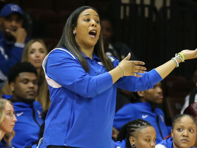 BOWLING GREEN, OH - MARCH 23: Memphis Tigers head coach Katrina Merriweather gives instructions to her team during a third round college womens basketball game of the Womens National Invitational Tournament between the Memphis Tigers and the Bowling Green Flacons on March 23, 2023 at the Stroh Center in Bowling Green, Ohio.