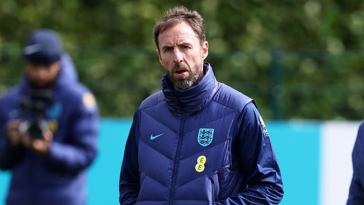 ENFIELD, ENGLAND - MARCH 25: Gareth Southgate, Head Coach of England reacts during England Training Session & Press Conference at Tottenham Hotspur Training Centre on March 25, 2023 in Enfield, England.
