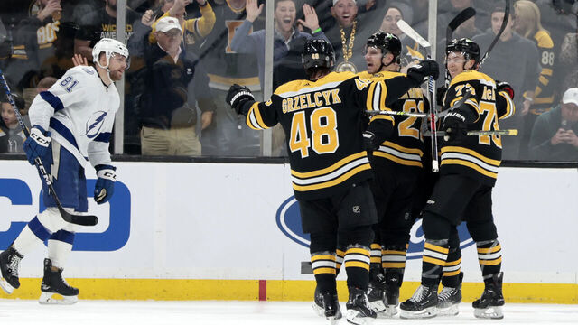 BOSTON, MA - MARCH 25: Boston celebrates the go ahead goal from Boston Bruins right wing Garnet Hathaway (21) during a game between the Boston Bruins and the Tampa Bay Lightning on March 25, 2023, at TD Garden in Boston, Massachusetts.