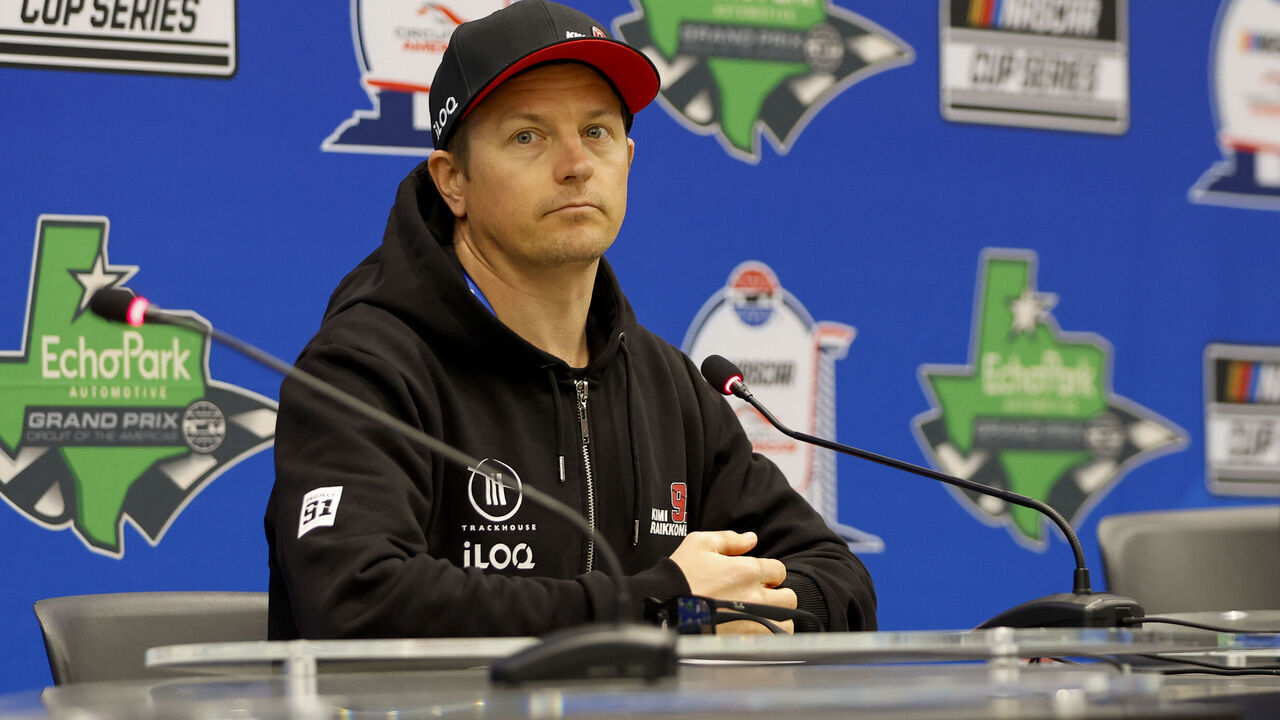 AUSTIN, TX - MARCH 25: Kimi Raikkonen (#91 Trackhouse Racing Onx Homes/iLOQ Chevrolet) talks to the media before the EchoPark Automotive Grand Prix on March 25, 2023 at Circuit of the Americas in Austin, Texas.