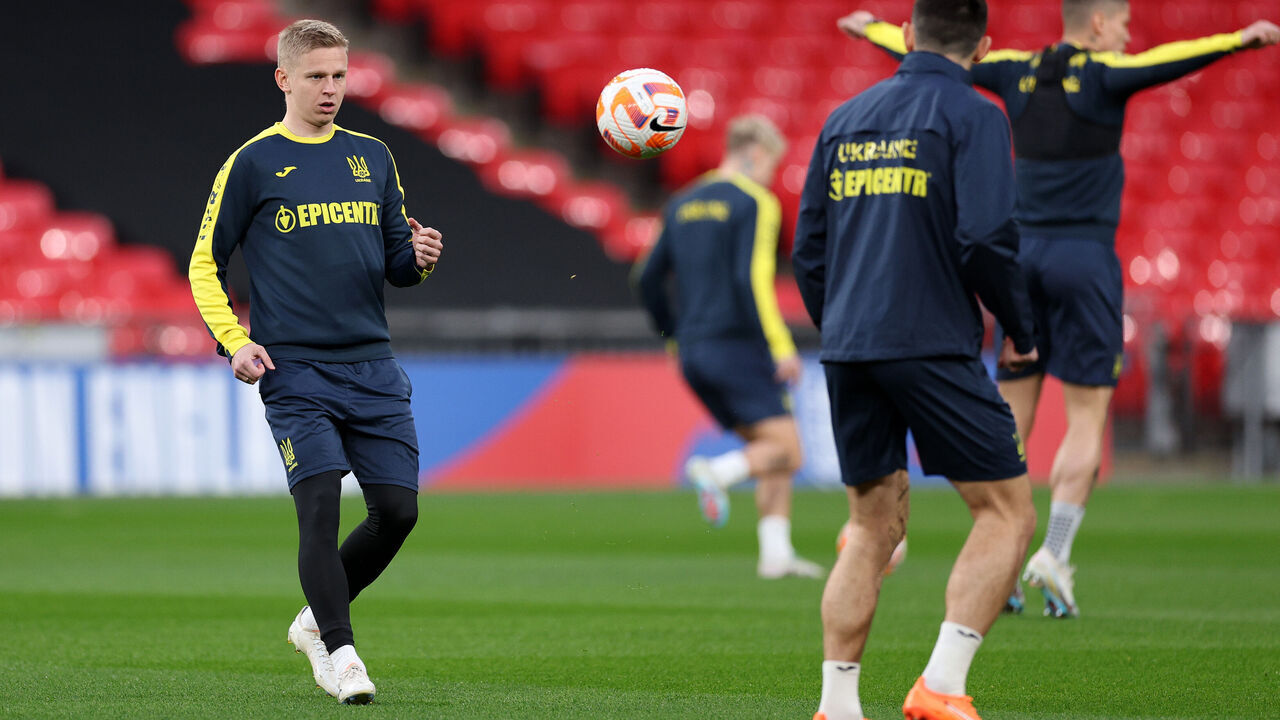 LONDON, ENGLAND - MARCH 25: Oleksandr Zinchenko of Ukraine warms up during Ukraine Training Session & Press Conference at Wembley Stadium on March 25, 2023 in London, England.