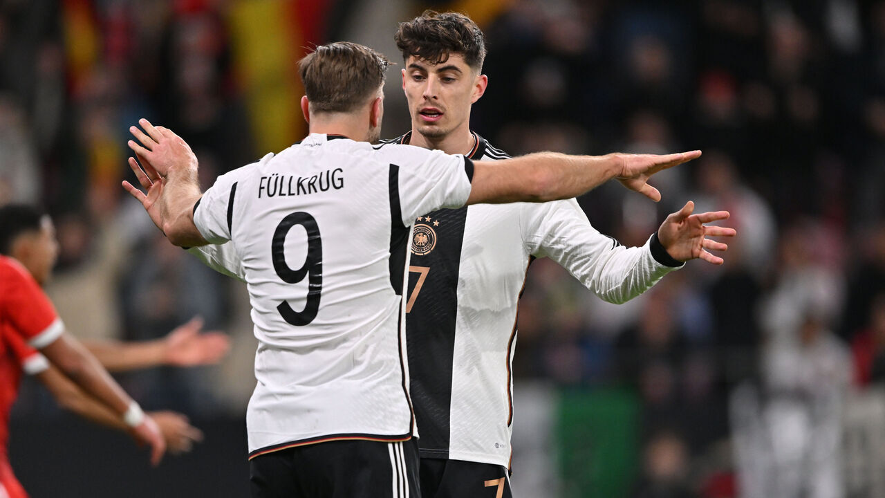 MAINZ, GERMANY - MARCH 25: Kai Havertz and Niclas Fullkrug of Germany celebrate 1st goal during the international friendly match between Germany and Peru at MEWA Arena on March 25, 2023 in Mainz, Germany.