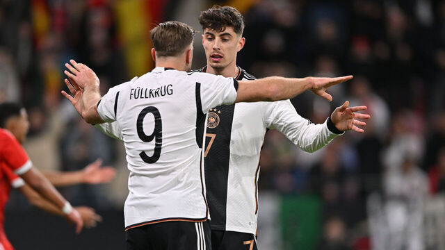 MAINZ, GERMANY - MARCH 25: Kai Havertz and Niclas Fullkrug of Germany celebrate 1st goal during the international friendly match between Germany and Peru at MEWA Arena on March 25, 2023 in Mainz, Germany.