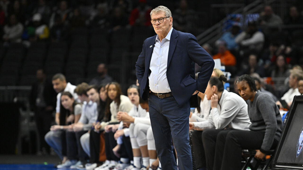 SEATTLE, WASHINGTON - MARCH 25: Head coach Geno Auriemma of the UConn Huskies looks on during the first half against the Ohio State Buckeyes in the Sweet 16 round of the NCAA Women's Basketball Tournament at Climate Pledge Arena on March 25, 2023 in Seattle, Washington.