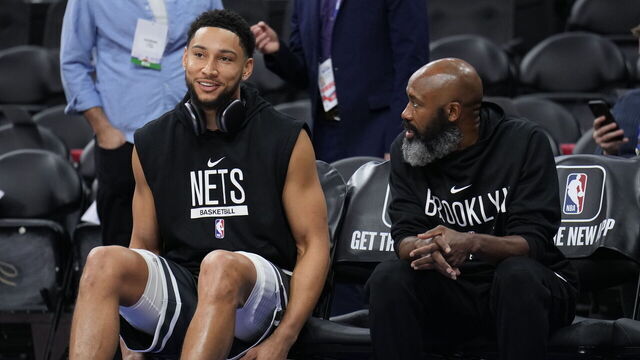PHILADELPHIA, PA - NOVEMBER 22: Ben Simmons #10 and Head Coach Jacque Vaughn of the Brooklyn Nets before the game against the Philadelphia 76ers on November 22, 2022 at the Wells Fargo Center in Philadelphia, Pennsylvania NOTE TO USER: User expressly acknowledges and agrees that, by downloading and/or using this Photograph, user is consenting to the terms and conditions of the Getty Images License Agreement. Mandatory Copyright Notice: Copyright 2022 NBAE
