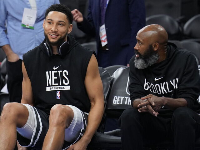 PHILADELPHIA, PA - NOVEMBER 22: Ben Simmons #10 and Head Coach Jacque Vaughn of the Brooklyn Nets before the game against the Philadelphia 76ers on November 22, 2022 at the Wells Fargo Center in Philadelphia, Pennsylvania NOTE TO USER: User expressly acknowledges and agrees that, by downloading and/or using this Photograph, user is consenting to the terms and conditions of the Getty Images License Agreement. Mandatory Copyright Notice: Copyright 2022 NBAE