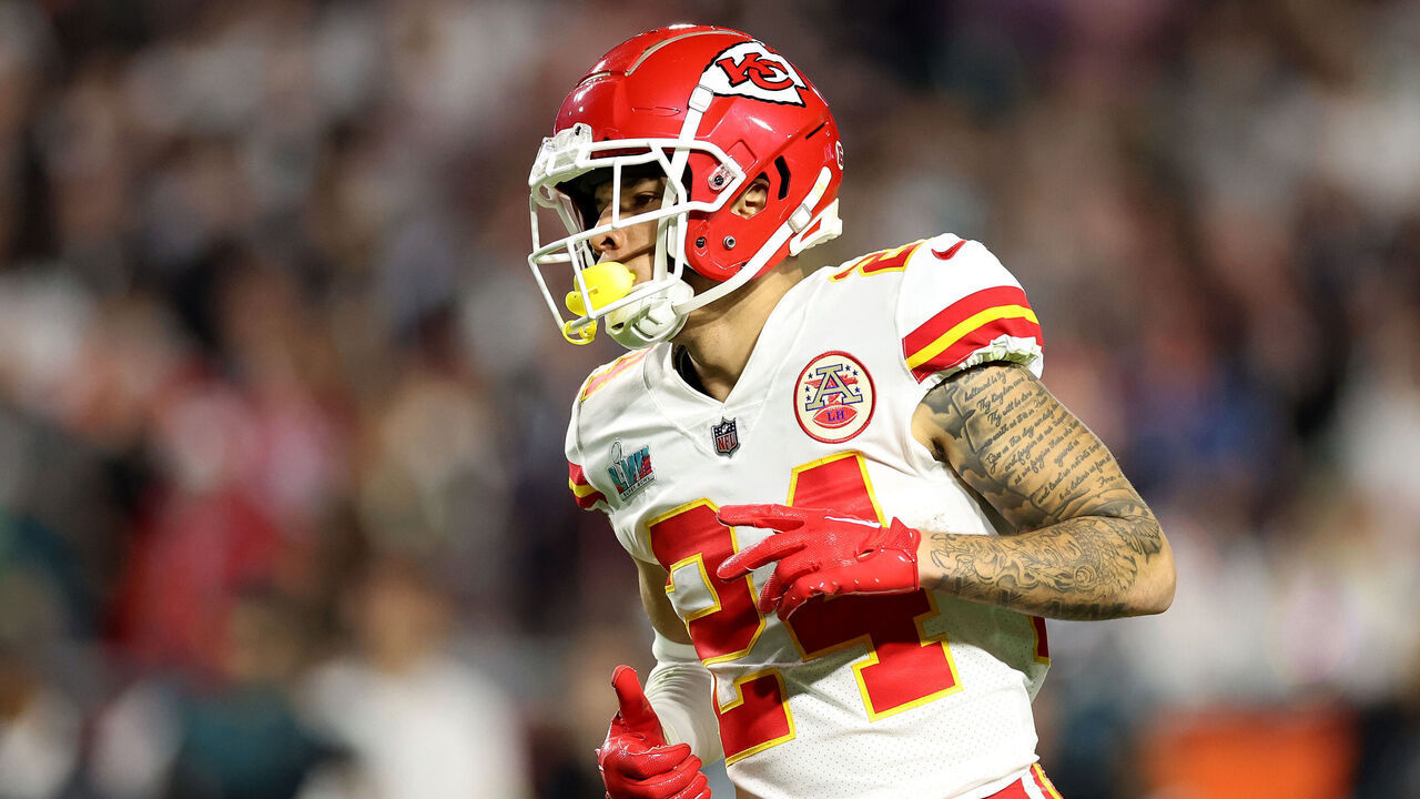GLENDALE, ARIZONA - FEBRUARY 12: Skyy Moore #24 of the Kansas City Chiefs looks on against the Philadelphia Eagles during the second half in Super Bowl LVII at State Farm Stadium on February 12, 2023 in Glendale, Arizona.