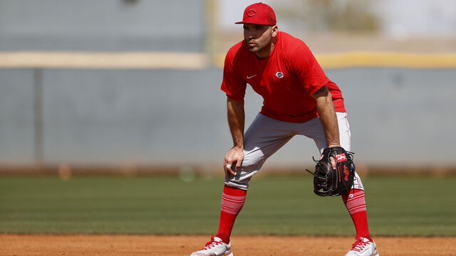 GOODYEAR, ARIZONA - FEBRUARY 23: Joey Votto #19 of the Cincinnati Reds looks on during a spring training workout at Goodyear Ballpark on February 23, 2023 in Goodyear, Arizona.