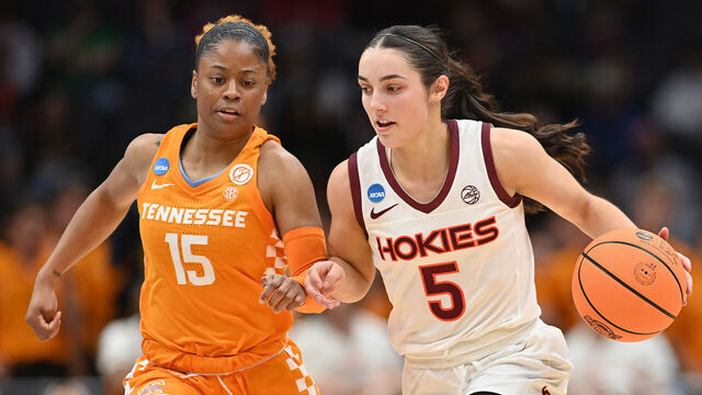 SEATTLE, WASHINGTON - MARCH 25: Georgia Amoore #5 of the Virginia Tech Hokies dribbles against Jasmine Powell #15 of the Tennessee Lady Vols during the fourth quarter in the Sweet 16 round of the NCAA Women's Basketball Tournament at Climate Pledge Arena on March 25, 2023 in Seattle, Washington.