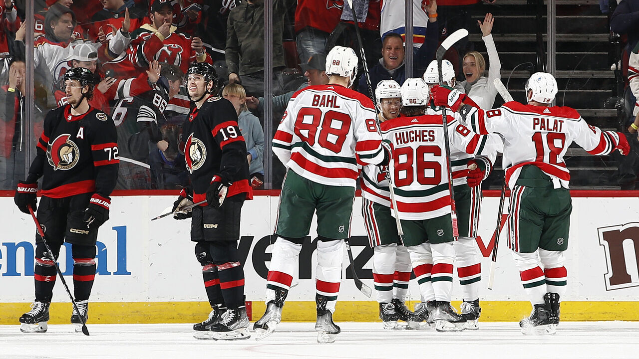 NEWARK, NEW JERSEY - MARCH 25: Ondrej Palat #18, Kevin Bahl #88, Dougie Hamilton #7, Jack Hughes #86, and Nico Hischier #13 of the New Jersey Devils celebrate a goal scored by Hamilton during the third period against the Ottawa Senators at Prudential Center on March 25, 2023 in Newark, New Jersey. The Devils won 5-3.