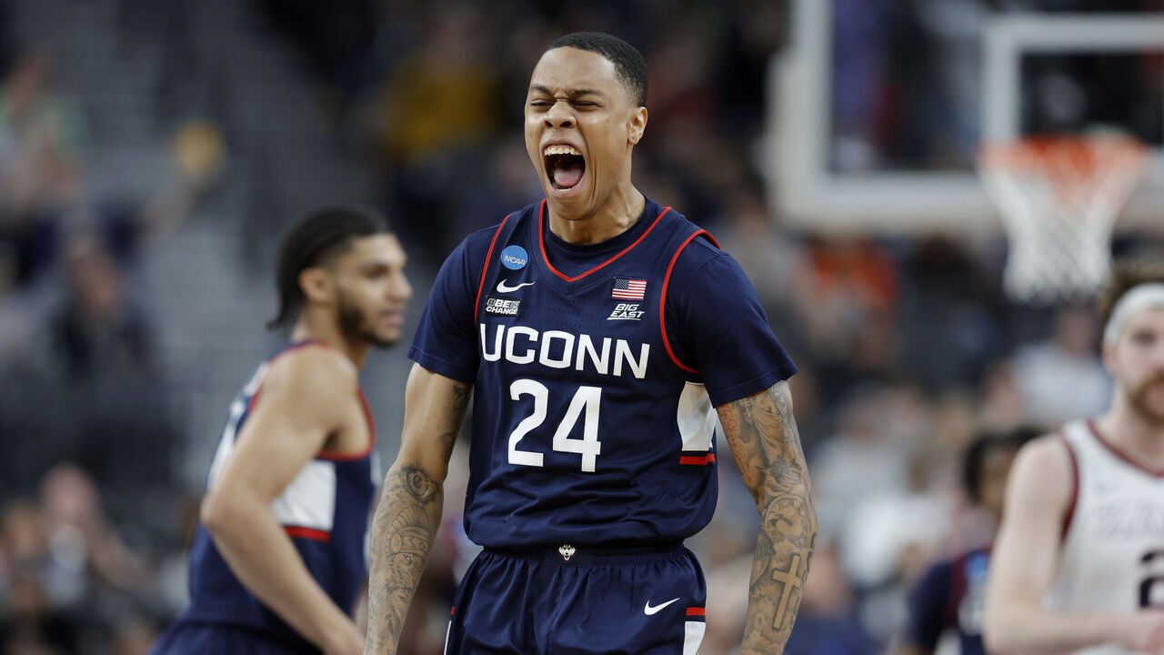 LAS VEGAS, NEVADA - MARCH 25: Jordan Hawkins #24 of the Connecticut Huskies celebrates after making a three point basket during the second half against the Gonzaga Bulldogs in the Elite Eight round of the NCAA Men's Basketball Tournament at T-Mobile Arena on March 25, 2023 in Las Vegas, Nevada.