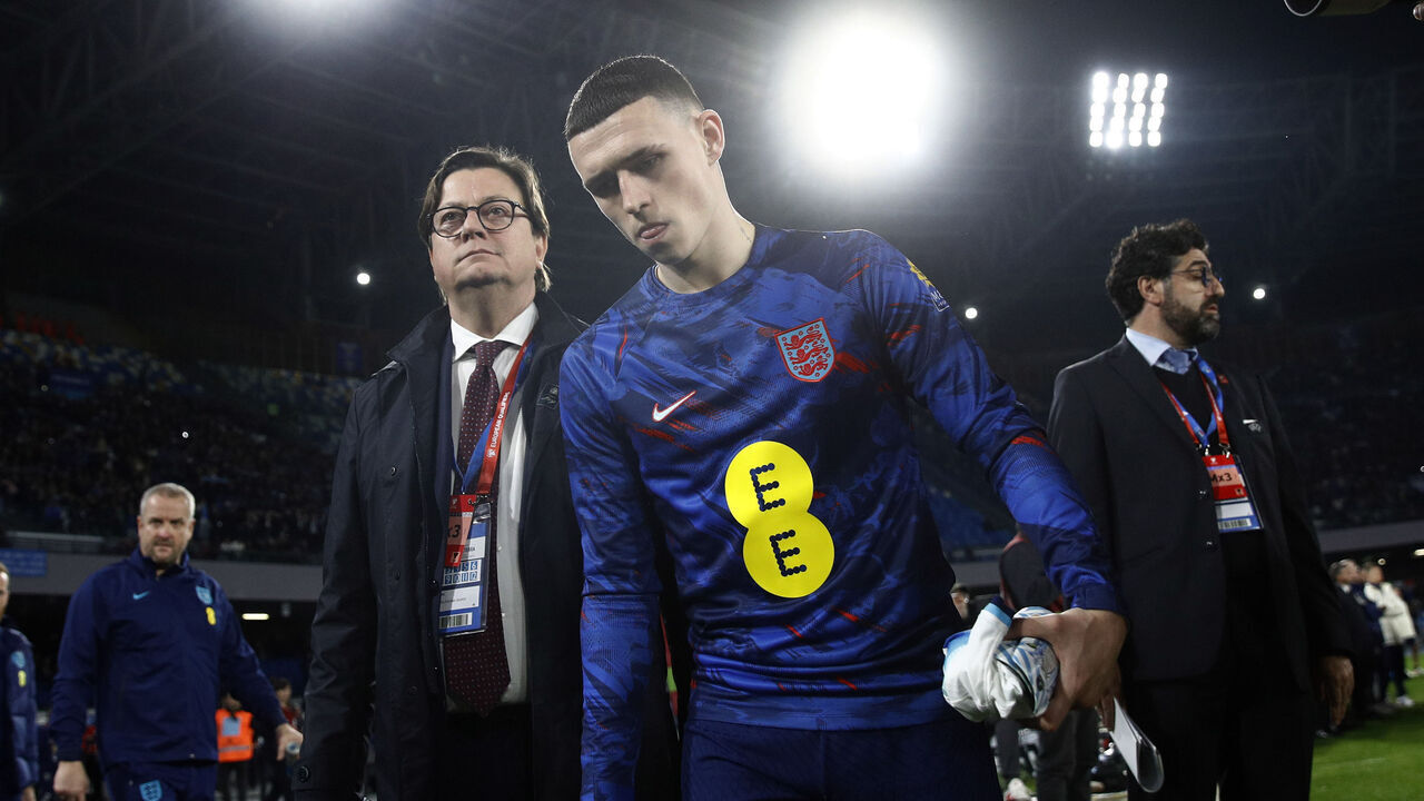 NAPLES, ITALY - MARCH 23: Phil Foden of England looks on prior to the UEFA EURO 2024 qualifying round group C match between Italy and England at Stadio Diego Armando Maradona on March 23, 2023 in Naples, Italy.