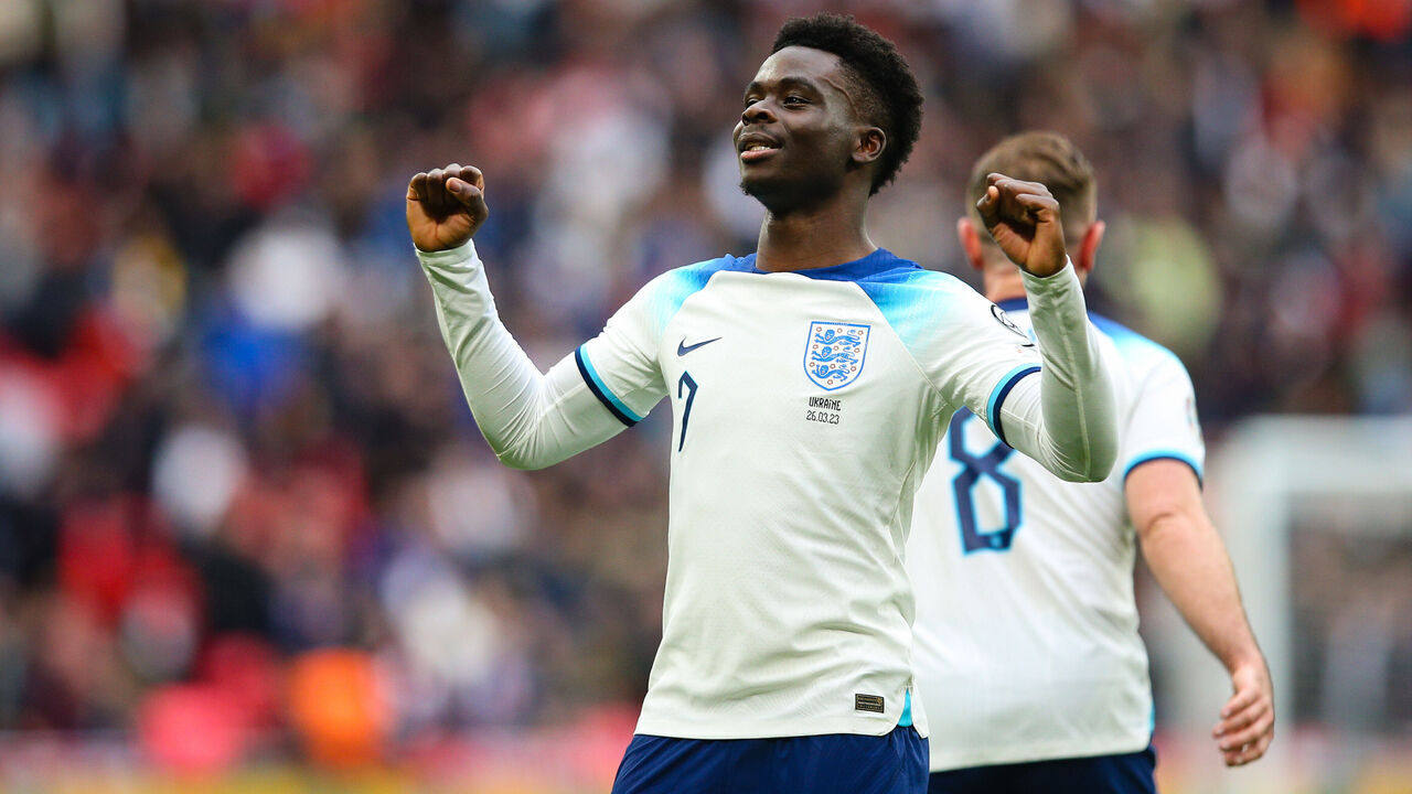LONDON, ENGLAND - MARCH 26: Bukayo Saka of England celebrates scoring his side's second goal during the UEFA EURO 2024 qualifying round group C match between England and Ukraine at Wembley Arena on March 26, 2023 in London, United Kingdom.
