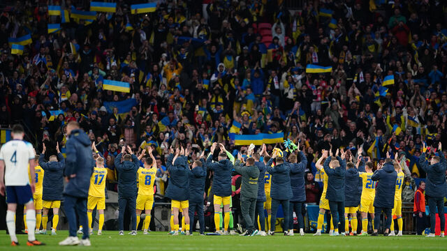 Ukraine players applaud their fans at full time after the UEFA Euro 2024 Group C qualifying match at Wembley Stadium, London. Picture date: Sunday March 26, 2023.