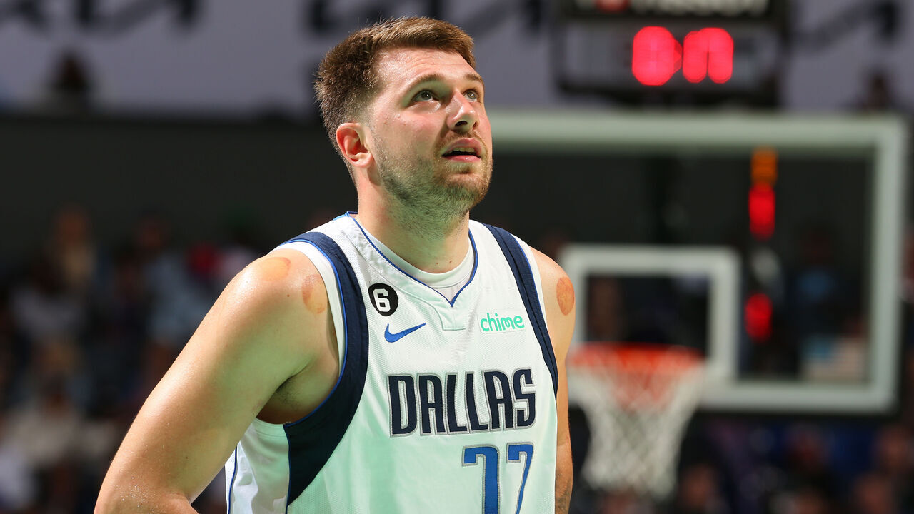CHARLOTTE, NC - MARCH 26: Luka Doncic #77 of the Dallas Mavericks looks on during the game against the Charlotte Hornets on March 26, 2023 at Spectrum Center in Charlotte, North Carolina. Mandatory Copyright Notice: Copyright 2023 NBAE