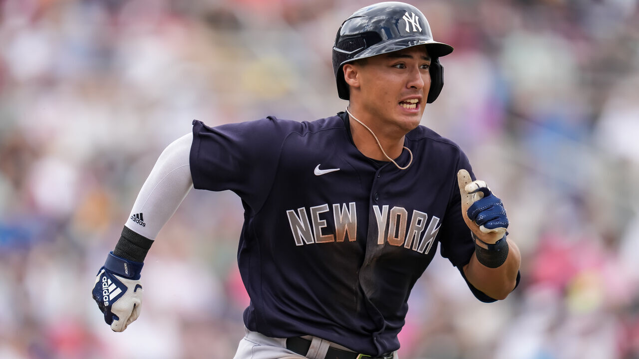 FORT MYERS, FL- MARCH 13: Anthony Volpe #77 of the New York Yankees runs during a spring training game against the Minnesota Twins on March 13, 2023 at the Hammond Stadium in Fort Myers, Florida.