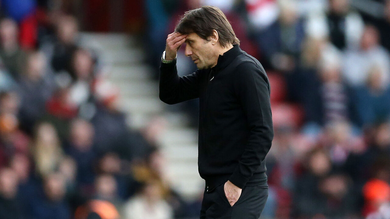 SOUTHAMPTON, ENGLAND - MARCH 18: Antonio Conte, Manager of Tottenham Hotspur, reacts after Theo Walcott (not pictured) of Southampton scores the team's second goal during the Premier League match between Southampton FC and Tottenham Hotspur at Friends Provident St. Mary's Stadium on March 18, 2023 in Southampton, England.