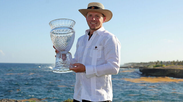 PUNTA CANA, DOMINICAN REPUBLIC - MARCH 26: Matt Wallace of England poses with the trophy after winning the Corales Puntacana Championship at Puntacana Resort & Club, Corales Golf Course on March 26, 2023 in Punta Cana.