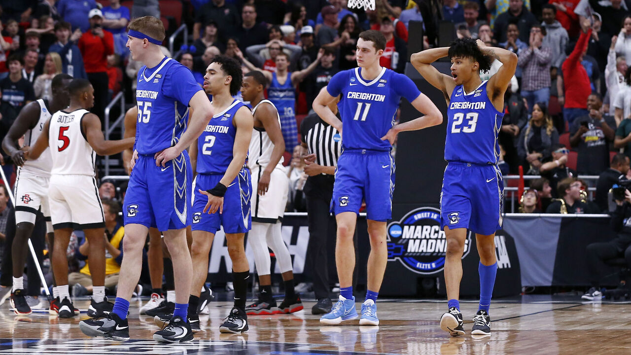 LOUISVILLE, KY - MARCH 26: Creighton Bluejays guard Trey Alexander (23) reacts after the foul was called in the closing seconds during the Creighton Bluejays versus the San Diego State Aztecs in the Elite 8 Round of the NCAA Men's Division I Basketball Championship South Regional on March 26, 2023, at KFC Yum! Center in Louisville, KY.