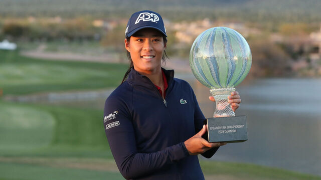 APACHE JUNCTION, ARIZONA - MARCH 26: Celine Boutier of France poses with the winners trophy after a playoff win against Georgia Hall of England in the final round of the LPGA Drive On Championship at Superstition Mountain Golf and Country Club on March 26, 2023 in Apache Junction, Arizona.